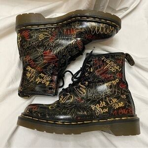 Dr. Martens RARE Vintage Air Wair Graffiti Red, Yellow, Black Leather Boots, 4 Y